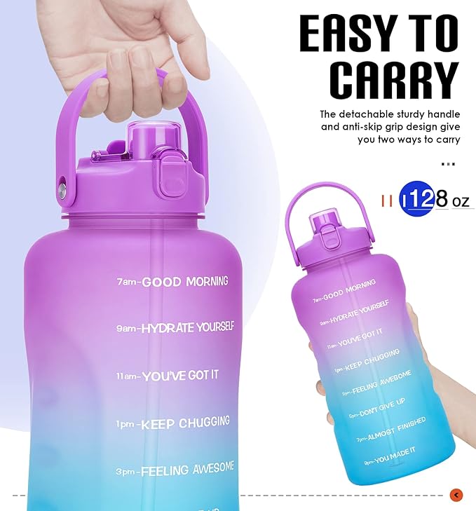 HydroPal 1 Gallon Water Bottles with Straw, 128 oz Water Bottle BPA Free Innovative 2-IN-1 Lid Gym Bottle with Times to Drink Motivational, Large for Sports Fitness Camping Water Jug （13.8X5.5 inch）