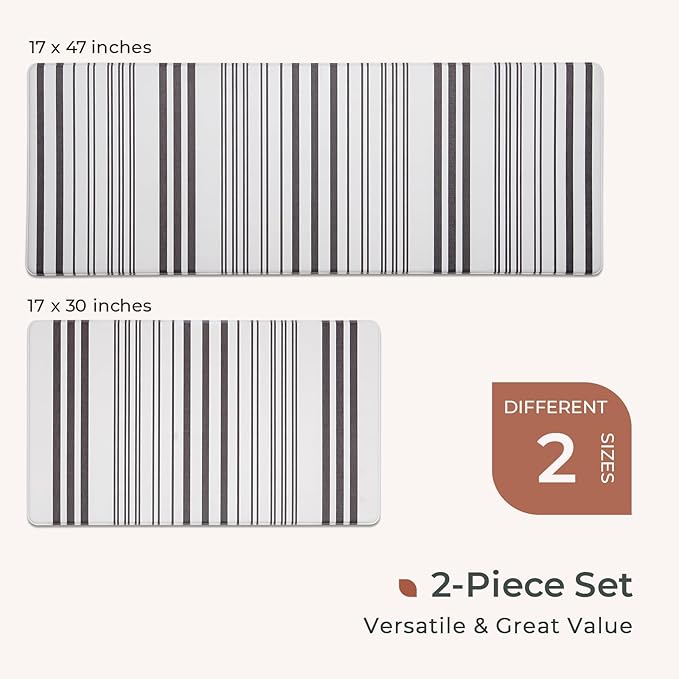 FRESHMINT Farmhouse Stripe Anti-Fatigue Kitchen Mat Set of 2, Cushioned Foam Kitchen Mats for Floor, Waterproof Non Slip Comfort Mat, Modern Kitchen Rug for Kitchen Decor, Sink, Laundry, Office