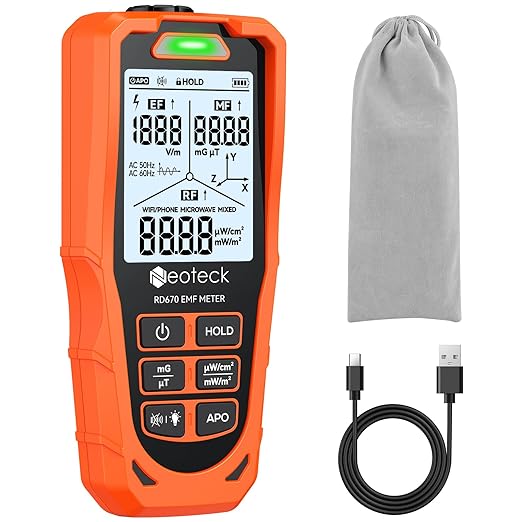 Neoteck 3 in 1 EMF Detector for EF MF RF 3 Axes Electromagnetic Field Radiation Detector to Identify MF Direction with 3-Color LED & Audio Alarm Rechargeable WiFi Signal Detector for Home Office