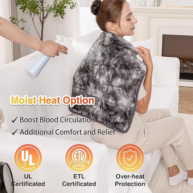 Woomer Heating Pad for Back Pain Relief, Extra Large Electric Heating Pad for Period Cramps, Moist&Dry Options, 6 Heat Setting, 2H Auto-Off, Cozy Faux Fur, 20” x 24”, Marble Grey