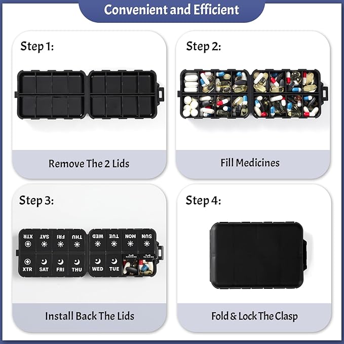 Foldable Weekly Pill Organizer 2 Times a Day with 2 Extra Compartments (Clear Printed Labels) - Portable 7 Day AM PM Medicine Box, Week Daily Travel Pill Case Holder for Vitamin, Supplement - Black