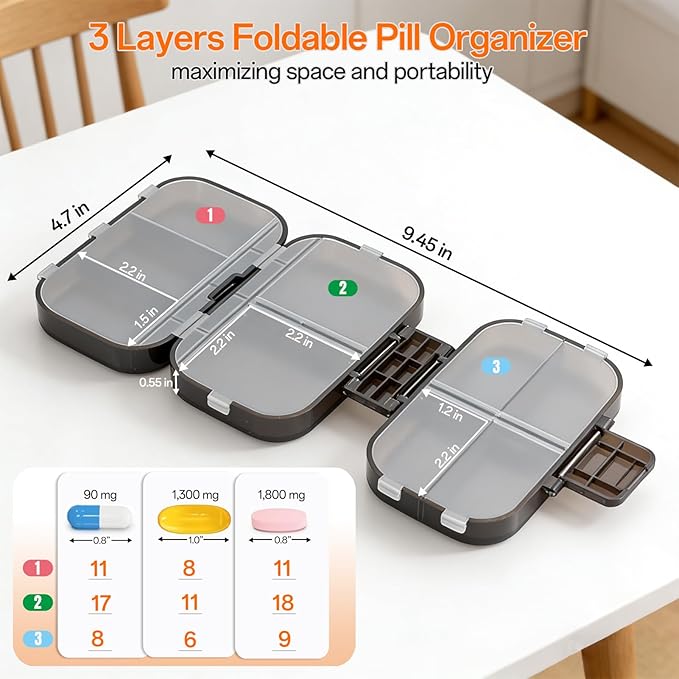 Foldable Travel Pill Organizer 3 Layers Large Capacity, Portable Pill Box Case with 9 Compartments for Medication Vitamins Supplements (Black)