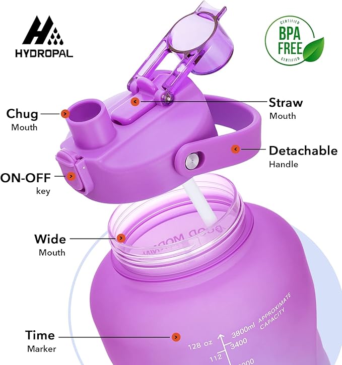 HydroPal 1 Gallon Water Bottles with Straw, 128 oz Water Bottle BPA Free Innovative 2-IN-1 Lid Gym Bottle with Times to Drink Motivational, Large for Sports Fitness Camping Water Jug （13.8X5.5 inch）