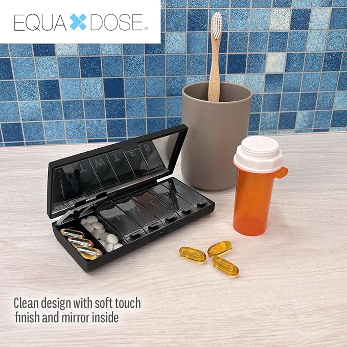 EQUADOSE Weekly Pill Case, 7-Day Medicine Organizer with Mirror, Compact Vitamin Storage Box, Travel-Friendly Pill Planner, 7 Individual Compartments for Supplements, Tablets, and Medications, Black