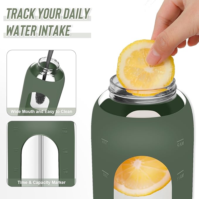 Glass Water Bottles 64 oz - Half Gallon Large Motivational Daily Water Intake Bottle Time Marker - Glass Water Bottle With Straw, Silicone Sleeve 2 Lids, Handle Spout & Bamboo Lid(Olive)