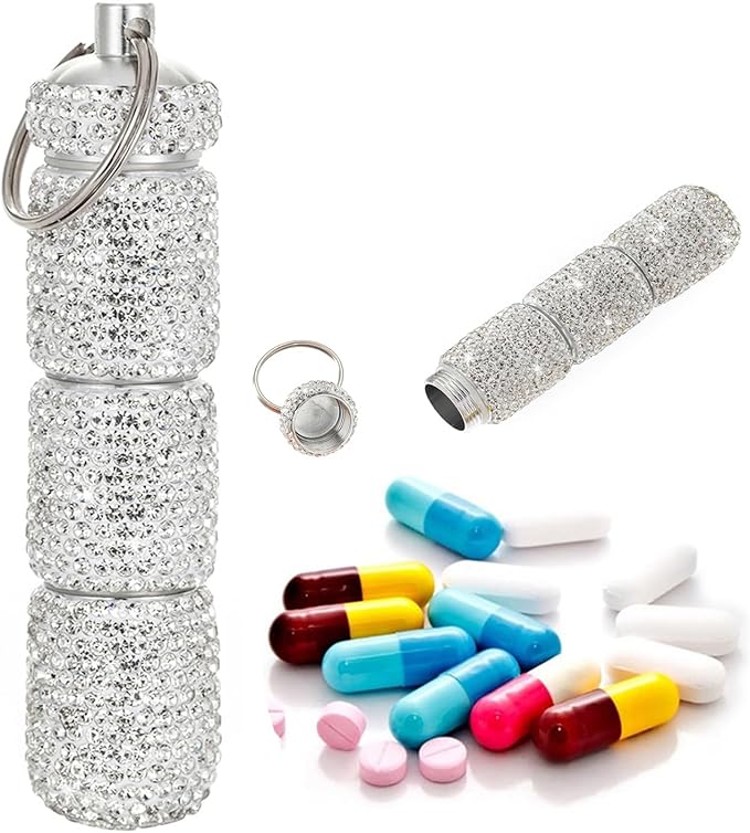 Bling Portable Pill Case with Keychain，Bling Rhinestone Small Fancy Pills Container Glitter Waterproof Holder Keychain for Women Aluminum Bottle Reusable for Outdoor Camping. (Silver)