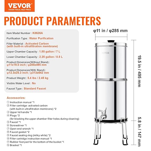 VEVOR Gravity-fed Water Filter System, 2.25G 304 Stainless-Steel Countertop Water Filtration System, Reduces Lead and up to 99% of Chlorine, with 2 Carbon Filters/Spigot/Stand, for Home Camping RV