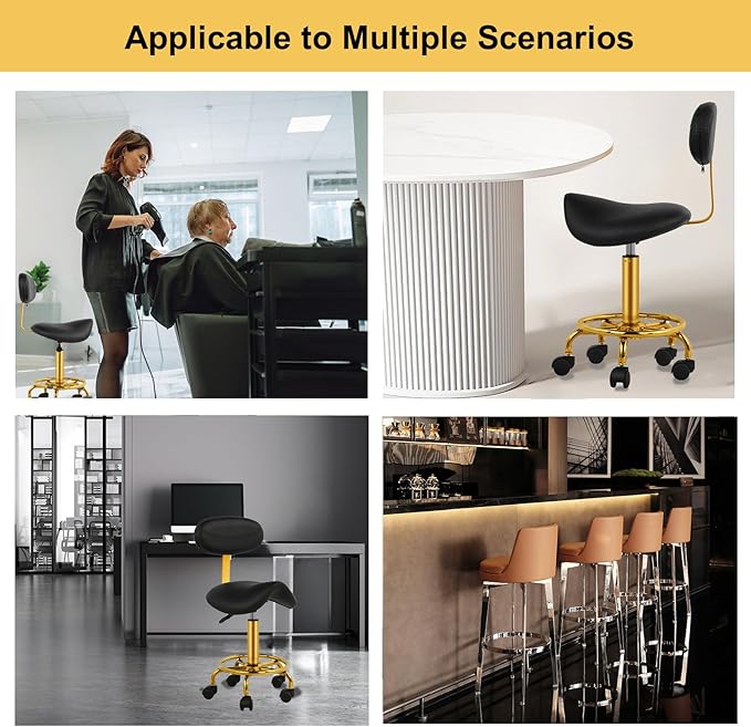 Saddle Rolling Chair Saddle Stool with Backrest Ergonomic Stool with Wheels Hydraulic Adjustable Soft Comfortable Cushion for Salon Tattoo Shop Spa Home Office Dentist Black
