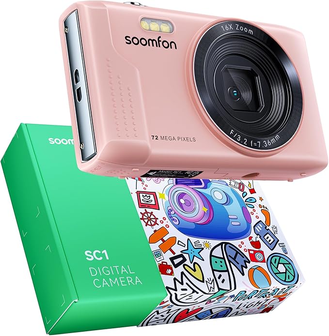 SOOMFON Digital Camera - Max 72MP Point and Shoot Kids Cameras with 16X Zoom, 32G TF Card, 2 Batteries and Card Reader, Compact Pink Digital Camera for Kids Teens Beginners