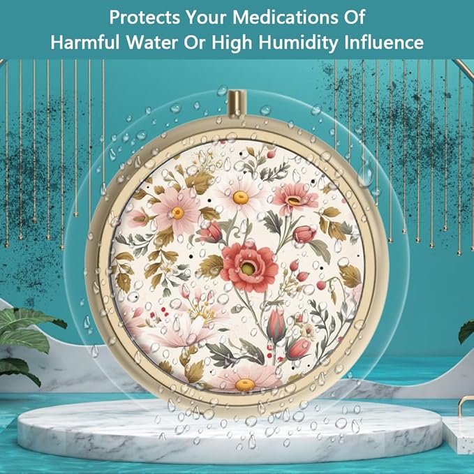 Pill Organizer Pill Box with Mirror Retro Small Pill Case for Purse or Pocket Bronze Pill Box or Vitamins, Fish Oil, Supplements, Pill Containe Travel Gifts（2PCS-Retro Red Flowers）