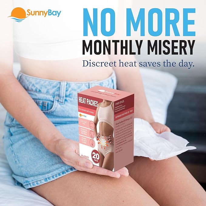 SunnyBay Heat Patches for Menstrual Cramp, Air-Activated Adhesive Heat Pads for Period, 130 F Warmth up to 8 Hours, Stick to Clothing Not Skin, 2.75 x3.5 inches, 10-Count, Pack of 2