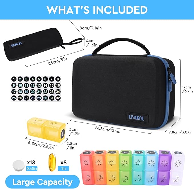 Monthly Pill Organizer 2 Times a Day, 30 Day Pill Organizer Box AM PM with Weekly Pill Bag,32 Daily Large Compartments,1 Month Pill Holder to Hold Vitamins, Medication and Supplements