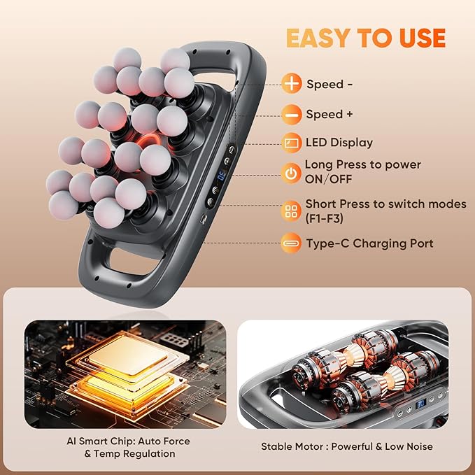 20 Head Massage Gun Deep Tissue, Muscle Massager for Back, Legs, Hips, Waist, Neck, Foot, Body Massager Gun with 3 Modes & 30 Intensities for Muscle Pain Relief, Portable & Quiet Massager
