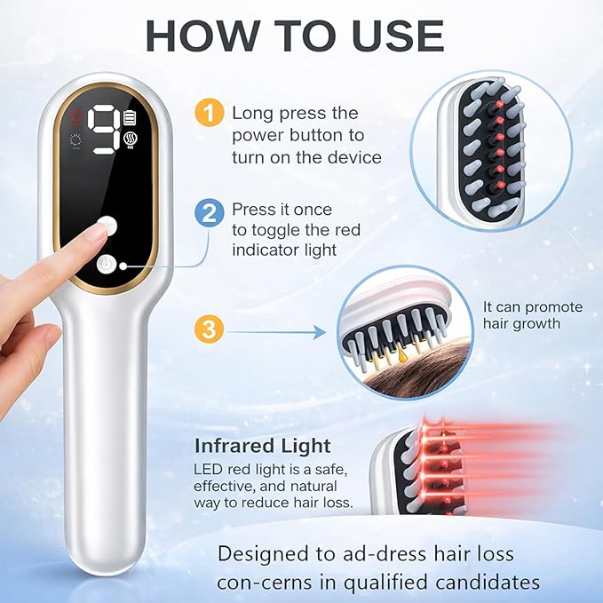 Obiredk ㅤLaser Hair Growth Comb - Lasers & LEDs for Hair Regrowth - FDA Cleared Rechargeable Scalp Massager for Men Women - Effective for Thinning Crown, Receding Hairline - White