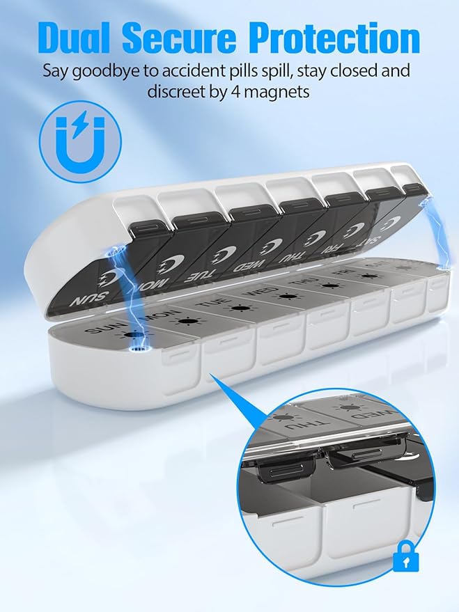 Gelibo Pill Organizer 2 Times a Day,Magnetic Foldable Weekly AM PM Pill Case, Large Travel Pill Box for Vitamins,Supplements,Medication Organizer 7 Day,Never Spill Pills,Easy to Open for Arthritis