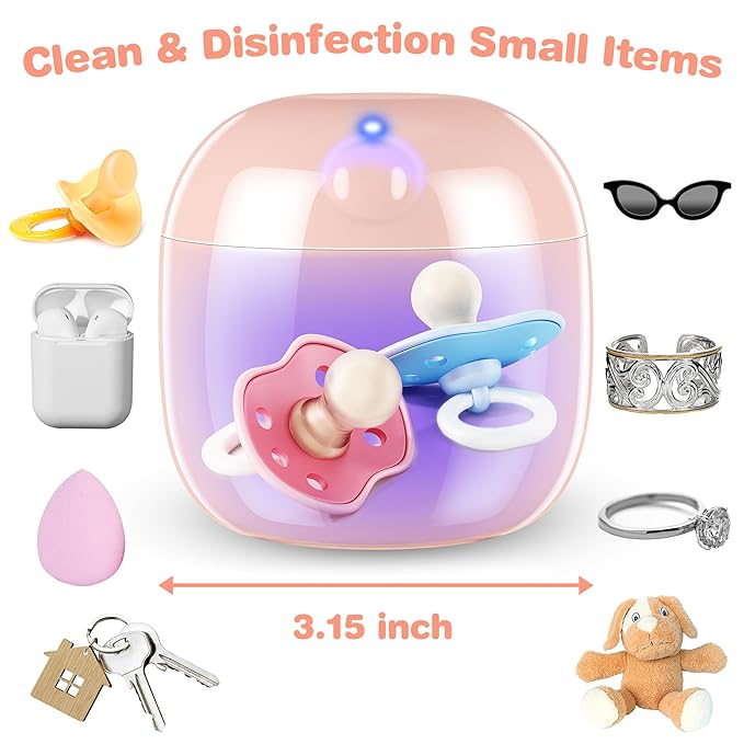 Qualirey Portable Pacifier Disinfection, Mini UV Light Disinfection, 99.99% Disinfection in 3 Mins, USB Rechargeable, Mini UVC Disinfection Box for Baby Pacifier, Bottle Nipples, Teethers (Pink)