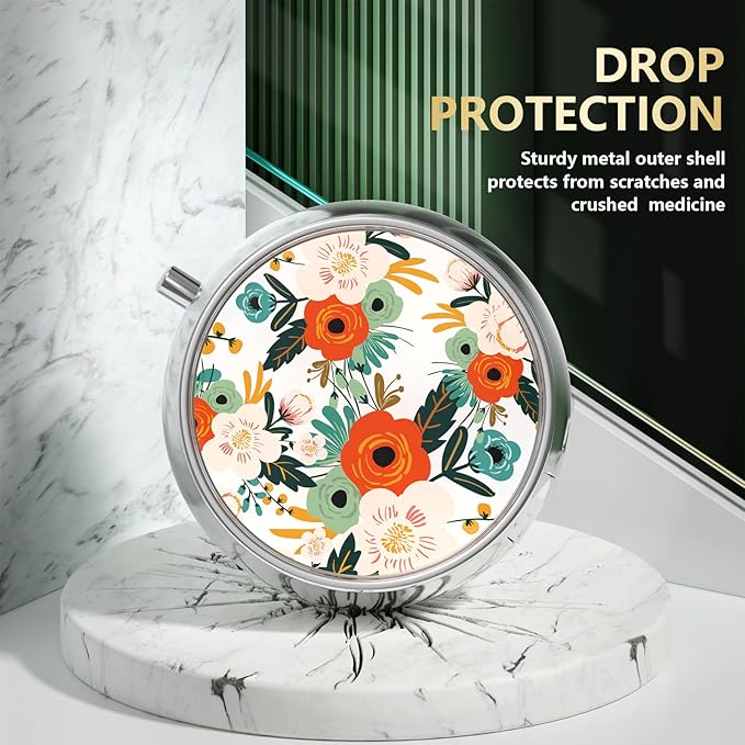 Nipichsha Pill Box, Small Pill Case for Purse & Pocket, Cute Travel Medicine Organizer, Portable Medicine Container Holder to Hold Vitamins, Medication, Fish Oil & Supplements, White Flowers