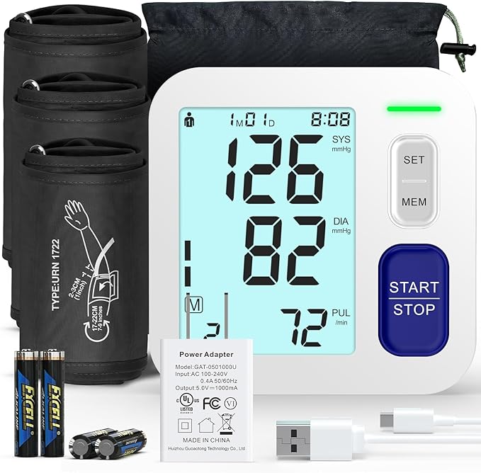 Blood Pressure Machine Upper Arm, 3 Size Cuffs Included, Small 7"-9", Medium 9"-17" and Extra Large XL Cuff 13"-21", Accurate Automatic Digital BP Monitor Home Use, Large Backlit LCD, 3 Users