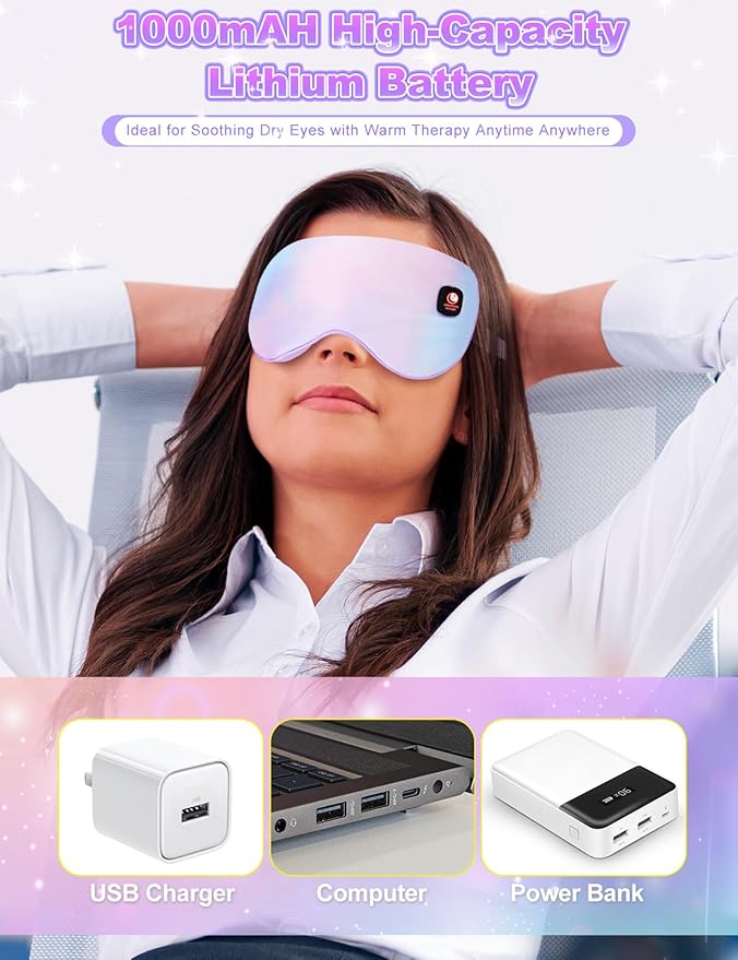 Heated Eye Mask-Cordless Warm Eye Compress Heated Eye Mask for Dry Eyes, Blepharitis,Light Blocking Heat Eye Mask for Men Women, Electric Warm Eye Mask for Airplane Sleeping for Travel (Colorful)