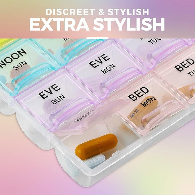 Pill Organizer - Large Pill Organizer with Weekly and Daily 4-Times-A-Day Compartments for Morning, Noon, Evening, Night - BPA-Free, Portable and Travel Friendly Pill Boxes Case