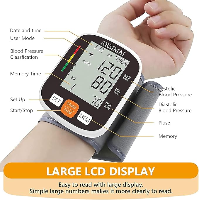 Automatic Wrist Blood Pressure Monitor: Adjustable Cuff + 2AAA Battery and Storage Case - Irregular Heartbeat Detector & 198 Readings Memory Function & Large LCD Screen