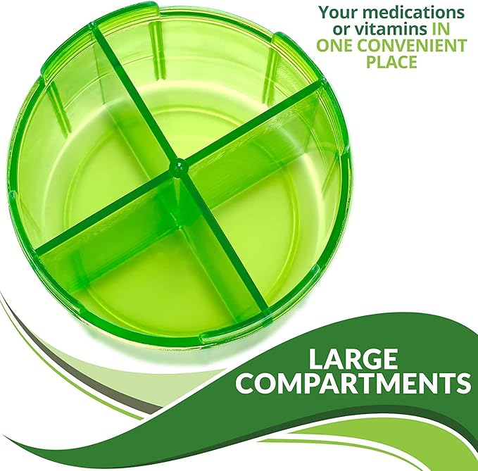 Round Pill Organizer Dispenser - Pack of 2 - Pill Boxes with 4 Compartments for Medication, Vitamins & Supplements Bottle Daily Pill Case Reminder Box