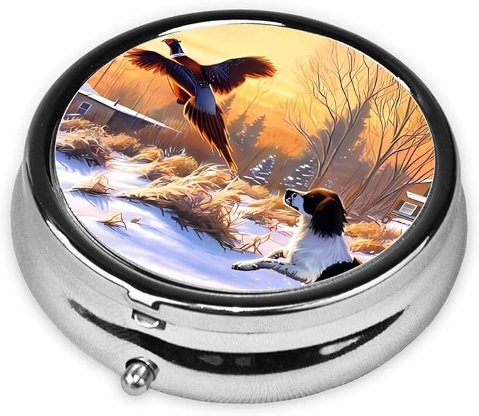 Dog Catching Pheasant Printed Round Travel Pill Box Cute Small Metal Pocket Pill Case for Men & Women 3 Compartment Portable Pill Organizer for Purse or Pocket