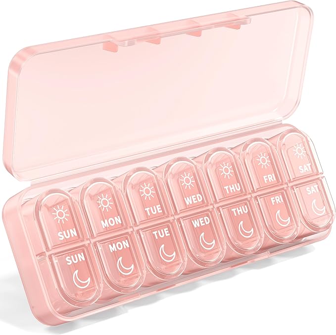 Weekly Pill Organizer 7 Day AM PM - Travel Pill Box 2 Times a Day with One-Hand Easy-Open Lid, 14 Compartments Portable Medicine Case for Daily Vitamins, Fish Oil, Pills and Supplements