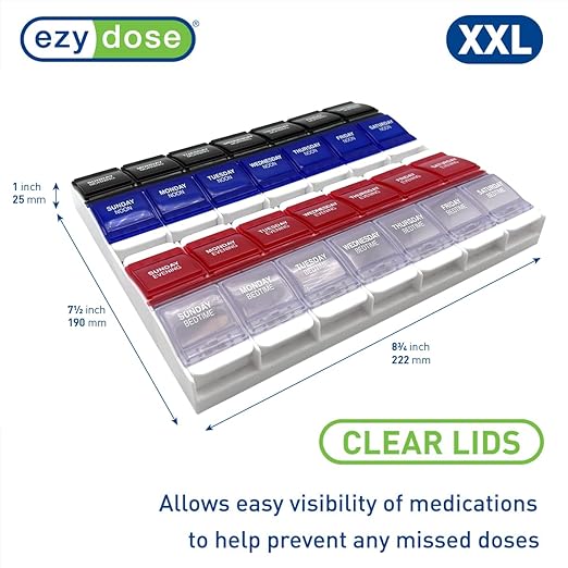 EZY DOSE Weekly (7-Day) Pill Organizer, Vitamin Container, and Daily Medicine Planner, 2X-Large Push Button Compartments, Arthritis Friendly, Easy to Use, 4 Times a Day, Color-Coded Lids, BPA Free