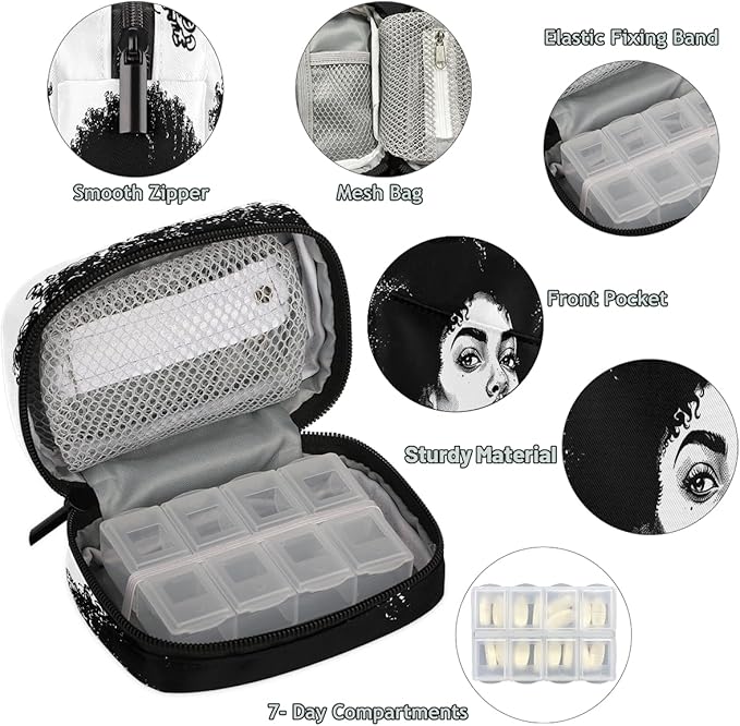 African Curly Hair Art Travel Pill Organizer Box Weekly Portable Pill Case Daily Pills 7 Day Small Birth Control Pills Container Removable Compartments for Medicine Vitamins Fish Oil
