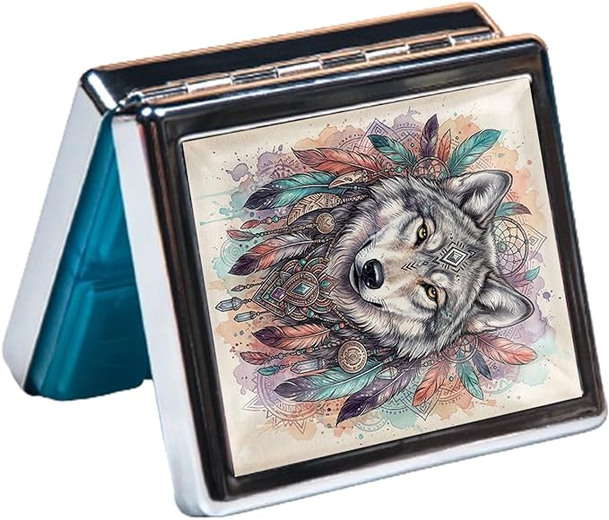 Metal 7 Day Pill Organizer, Cute Small Weekly Pill Case with 8 Compartments for Travel, Moisture-Proof Medicine Holder for Purse, Compact Daily Vitamin Box (Spirit Wolf)