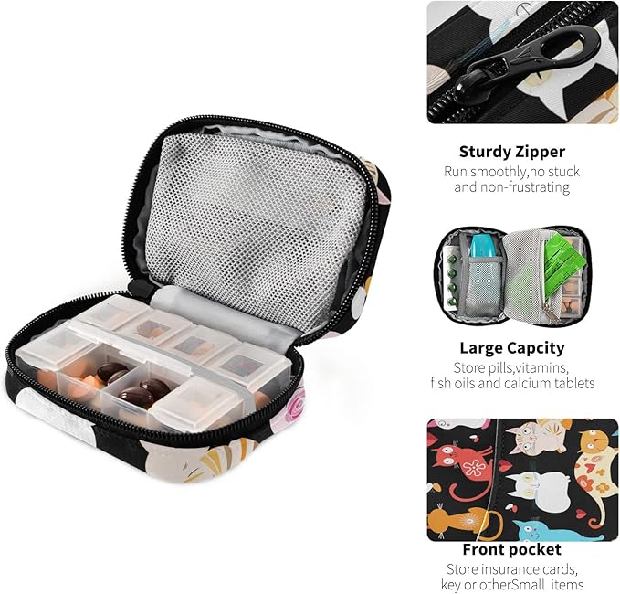 xigua Cat Pill Case 7-Day Travel Pill Organizer Box with Zipper Closure for Vitamins, Medication and Supplements