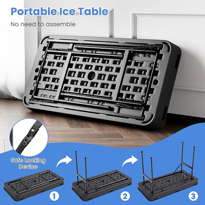 Giantex 4 FT Folding Ice Cooler Table with Drain & Bucket, Removable Skirt, No Assembly, Portable Fill and Chill Table for Food Drink Beverage, Foldable Party Ice Bin for Camping BBQ, Black