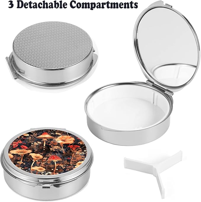 Small Pill Box 3 Detachable Compartments Pill Case with Mirror 2.4inches Pocket Round Medicine Organizer, Mini Portable Pill Organizer for Pocket Purse& Travel Convenience-Vintage Mushrooms