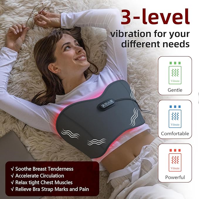 Red Light Therapy Device for Chest – 130 LEDs 660nm, Vibration Massage, 3 Heat Levels (95°F /104°F/113°F) – Alleviate Breast Pain and Inflammation