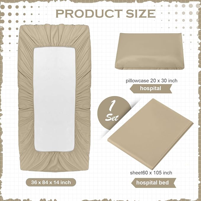 Moukeren 3 Pcs Hospital Bed Sheets Set Deep Pocket Fitted Sheet 36 with Elastic All Around Easy Care Knitted Jersey for Home/Nursing Home (Khaki)