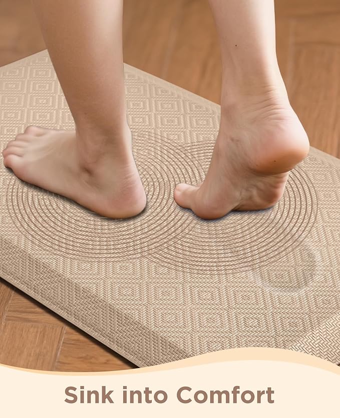 Ophanie Kitchen Mats for Floor, 3/4 Inch Thick Kitchen Rugs, 24'' x 70'' Anti Fatigue Standing Cushioned Mat, Waterproof,Comfort Ergonomic Mat for Office, Home, Sink, Beige Non-Slip Bottom