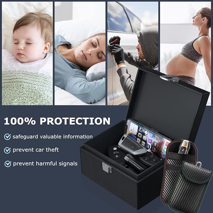 Faraday Box for Car Keys (Extra Large Size 19 x 12 x 9 cm) with 2 Pack Faraday Pouch for Car Keys, RFID Key Fob Protector Anti Theft Faraday Bags Key Fob Signal Blocker Car Key Signal Blocking Box