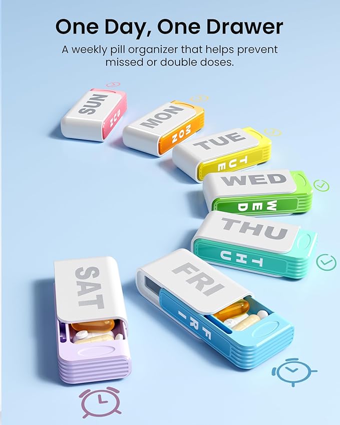Daviky Weekly Pill Organizer 1 Time a Day, Travel Drawer-Style Pill Box for Daily Medication, 7-Day Pill Case, Compact & Portable, Ideal for Vitamins, Fish Oils & Supplements(White)