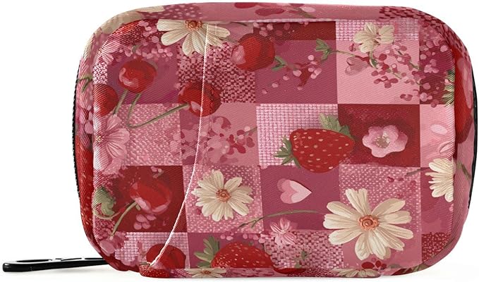 Red Checkered Floral Cherry Strawberry Travel Pill Organizer Case Box Container Weekly Portable Vitamin Medicine Holder Storage Bag with Zipper Removable