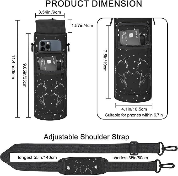 Goth Cat Water Bottle Sling Bag for 25oz/32oz Tumblers,Adjustable Neoprene Water Bottle Carrier Bag,Insulated Carrier with Shoulder Strap & Phone Pocket - Halloween Goth Cat Gifts for Women