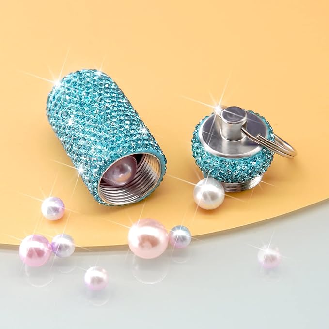 Yuchew Bling Pill Case Pill Container Rhinestone Pill Box Portable Waterproof Pocket Pill Holder Storage Bottle with Keychain for Travel, Outdoor, Camping (Lake Blue)