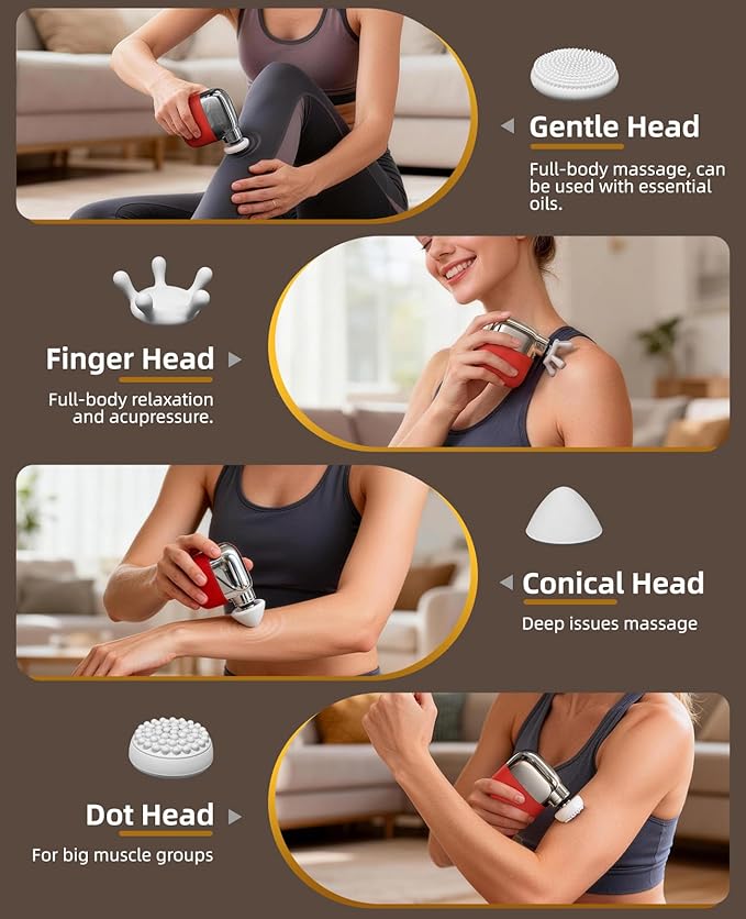 Mini Massage Gun, 0.4lb Ultra-Lightweight Pocket Sized Deep Tissue Percussion Muscle Massager, Portable Handheld Massage Gun for Travel, Gym, Office, 3 Speeds, 4 Heads, Red