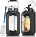 Large Glass Water Bottles with Stainless Steel Handle,100 oz Gallon Drinking Bottle with 2-in-1 Straw Lid,3 Liter Glass Water Jug with Silicone Sleeve,Wide Mouth,Black