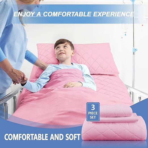 Lounsweer 3 Piece Hospital Bed Sheet Set, Pink Waterproof Bed Sheet Set, Incontinence Protection for Home and Hospital Use, Include 1 Fitted 36" x 80" x 12" 1 Flat and 1 Pillowcase