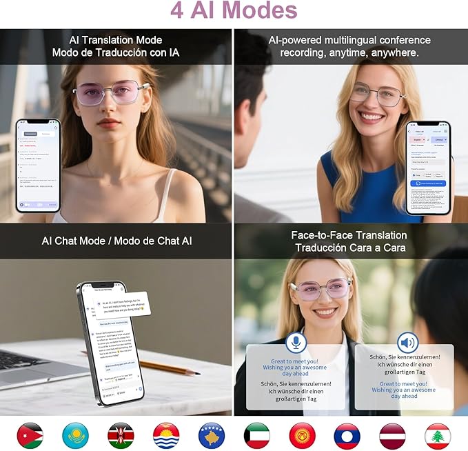 Al Smart Glasses for Women- Bluetooth Translation Glasses with 164 Languages, Color-Change Lens, Music & Call, IP54 Waterproof, Free App, Audio AI Translator Glasses for Meeting Cycling Travel Gaming