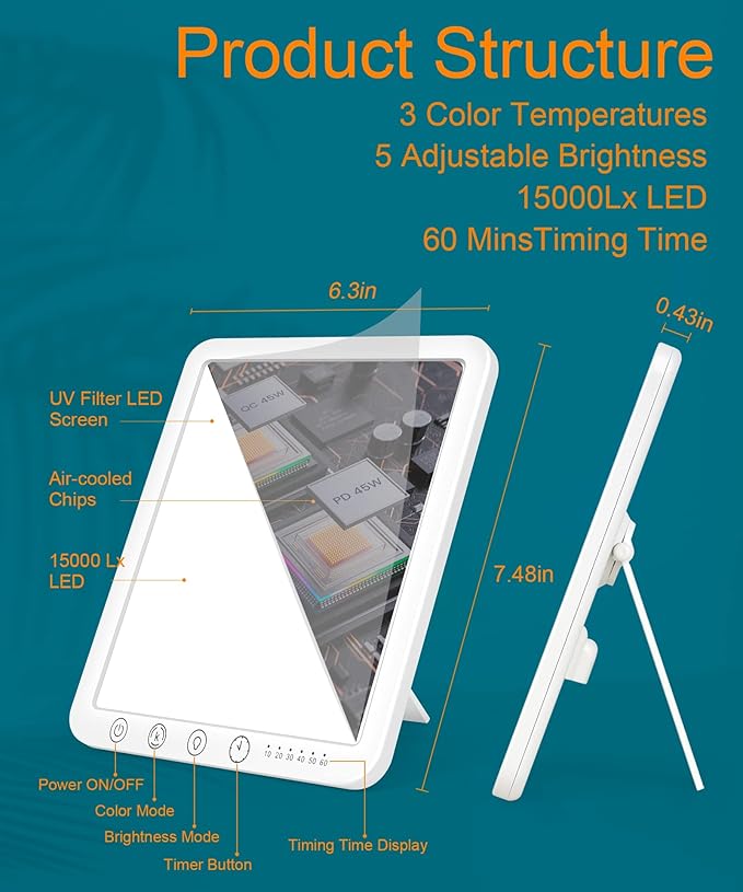 Light Therapy Lamp - 15,000 Lux UV-Free Therapy Light with 3 Color Temperatures and 6 Timer Settings, Touch Control Happy Lamp for Home/Office Use to Lift Mood