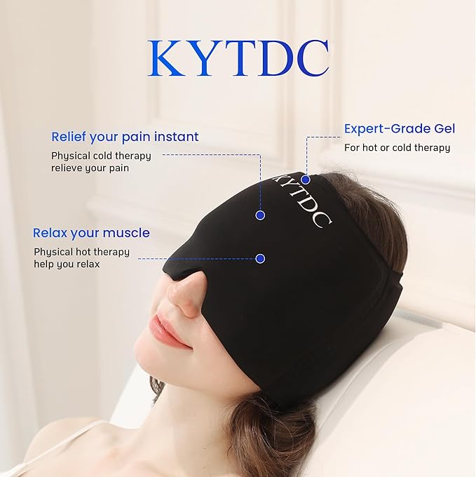 Migraine Relief Cap Gel Ice Head Wrap - Hot & Cold Therapy Soothing Headache Hat Ice Pack Mask, Headache Relief Wrap for Tension, Stress, Hangover &Puffy Eyes (Black)