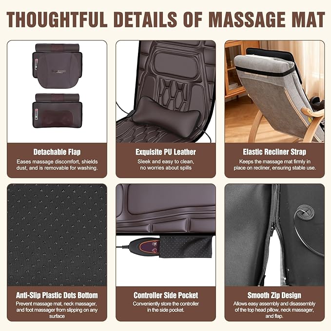 Full Body Massage Mat with Heat, Detachable Shiatsu Neck and Foot Massager, Vibration Massage Mat for Back Pain Relief, 9 Modes 3 Timers, Inflatable Lumbar Pillow, Home Office Gift for Men Women