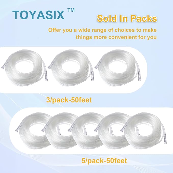 Oxygen Supply Tubing - Premium Crush-Resistant with Curved Prongs, High Flow Oxygen Tubing for Oxygen Concentrator Machine, Nebulizer Tubing & Oxygen Therapy - 50 FEET 5 Pack